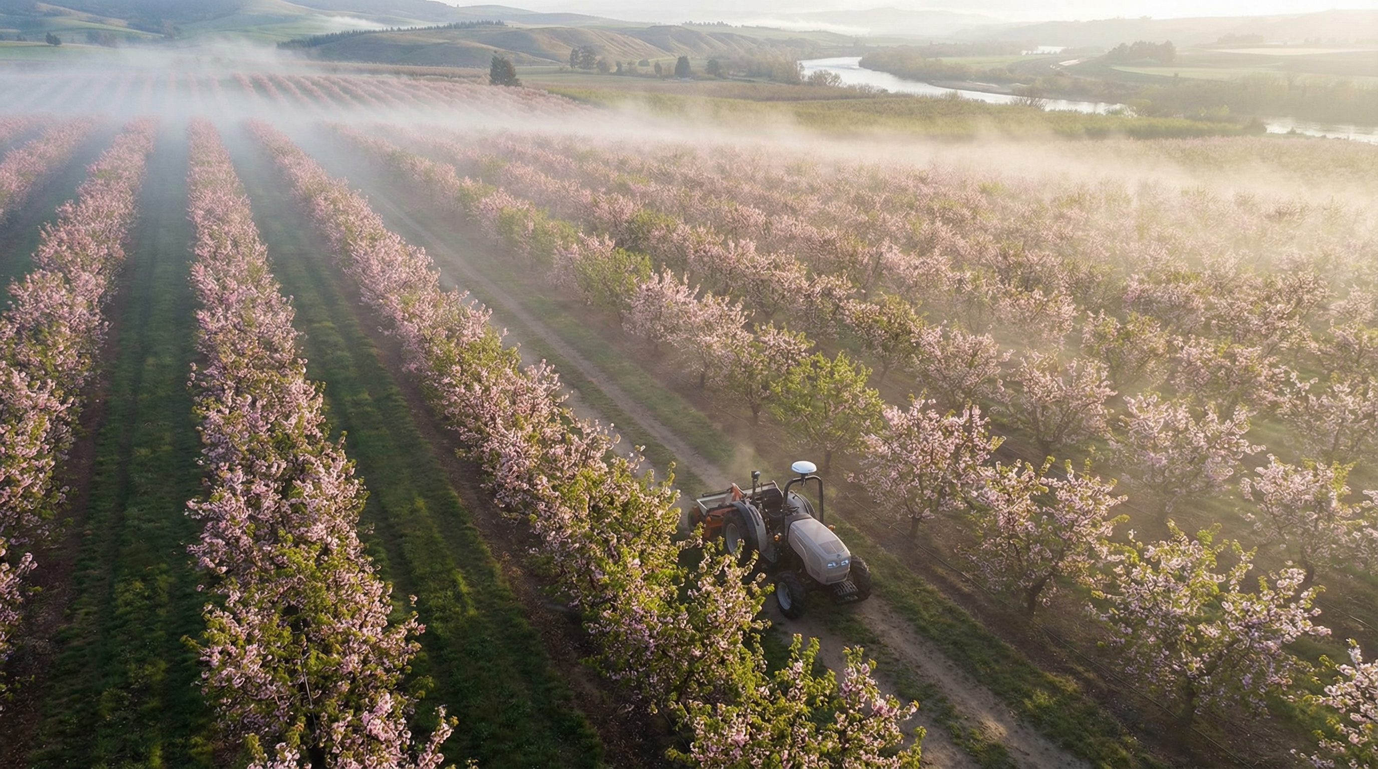 Autonomous frost protection system activated across blooming orchard