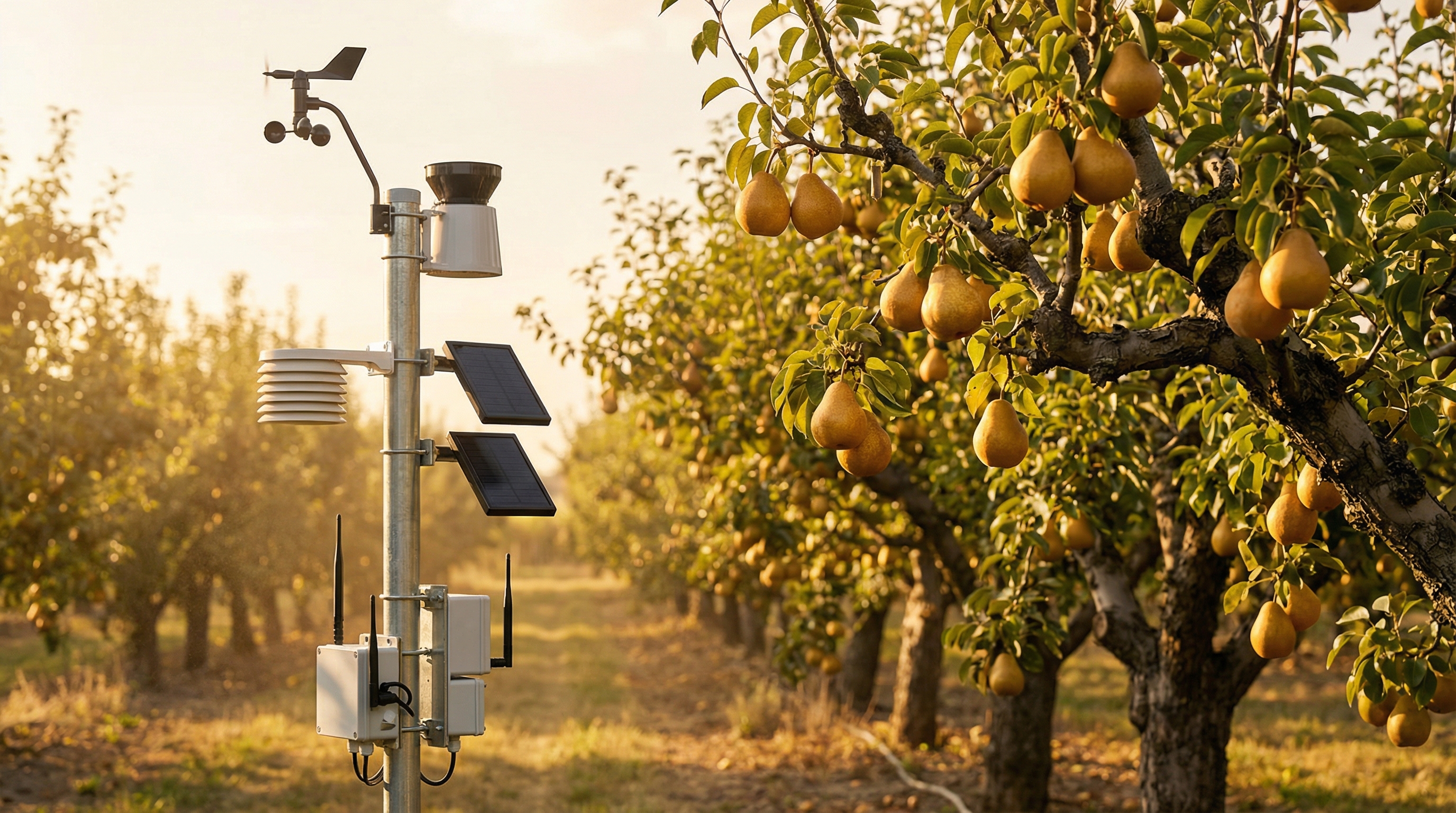 AI-powered solar weather station monitoring pear orchard