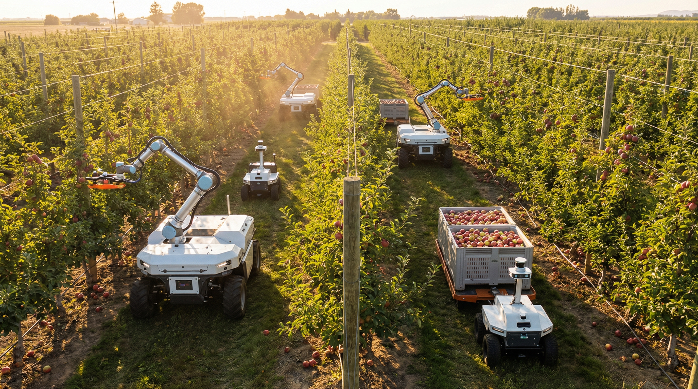 Autonomous robotic harvesters with articulated arms in orchard rows