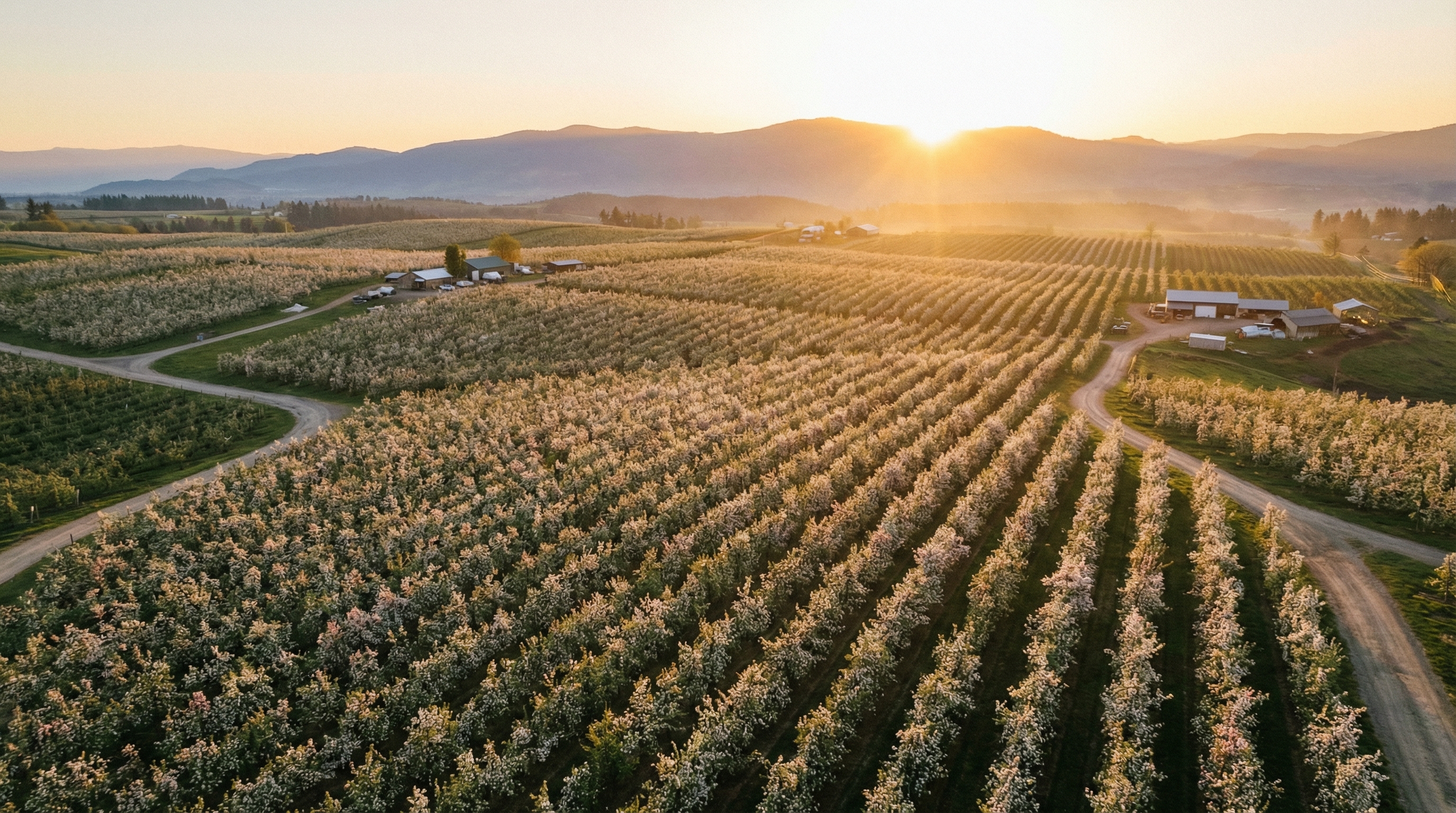 Aerial view of AI-monitored blooming orchard with drone paths